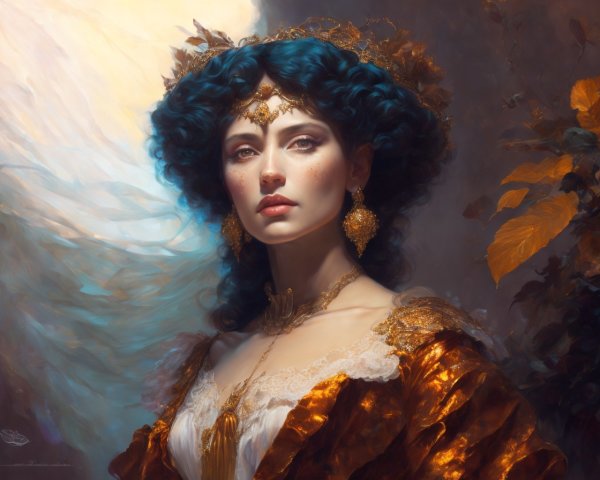 Elegant woman with blue curls and golden crown