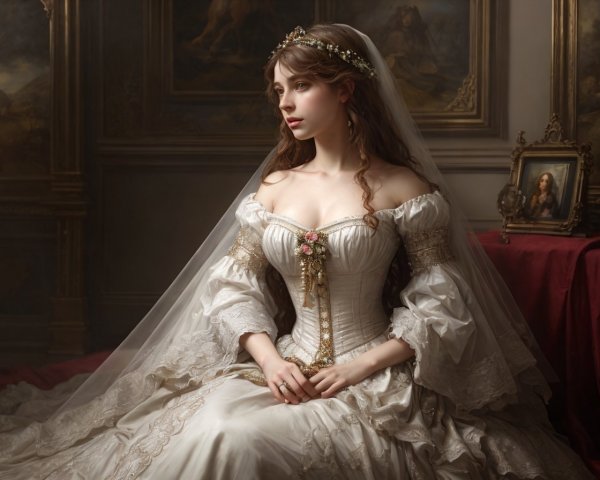 Vintage Bridal Gown with Tiara and Classic Paintings