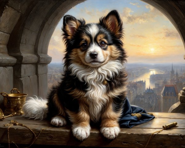 Charming Dog with Tri-Colored Coat at Sunset Scene