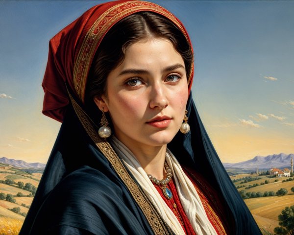 Young Woman in Traditional Attire Against Rural Landscape