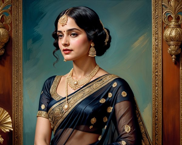 Elegant Black Saree with Gold Patterns and Jewelry