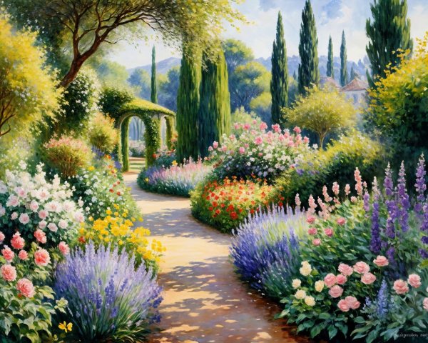 Vibrant garden scene with colorful flowers and greenery