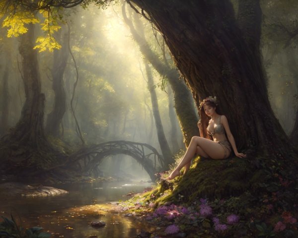 Woman sitting by stream in mystical forest with arch bridge