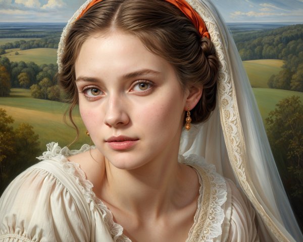Young woman in light dress with serene landscape backdrop