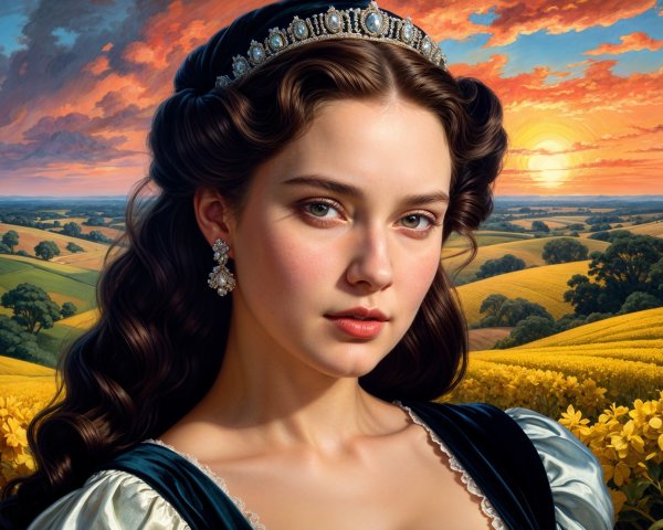 Young woman in elegant dress with sunset backdrop