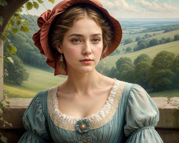Young Woman in Blue Dress in Serene Landscape