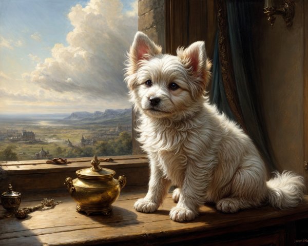 Fluffy White Dog on Table with Scenic Background