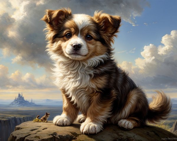 Puppy on Rocky Outcrop with Castle and Cat Background