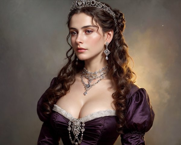 Victorian-style woman in purple dress with silver jewelry and updo