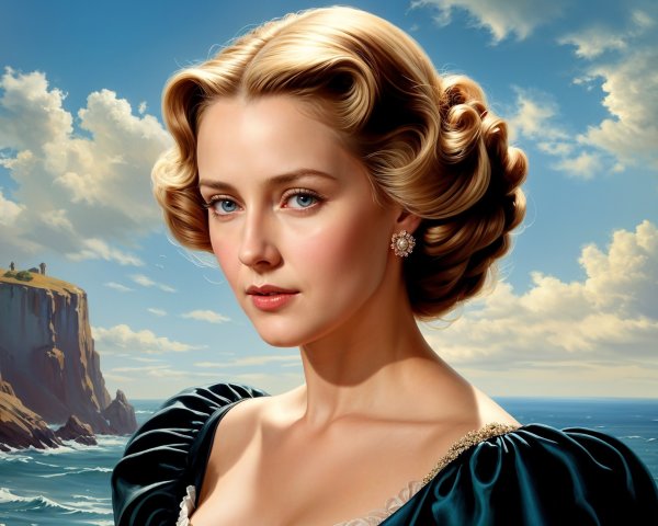 Vintage Hairstyle Woman Against Coastal Backdrop
