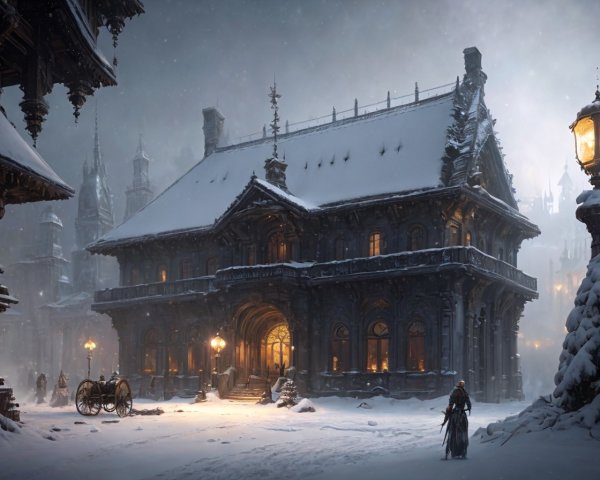 Victorian Mansion at Night in Winter with Snowfall