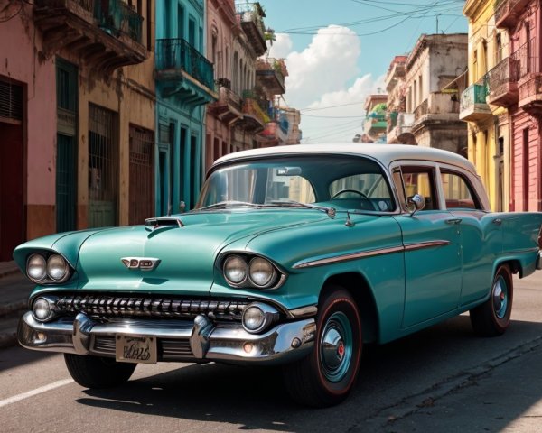 Vintage Turquoise Car Parked on Street with Colorful Buildings