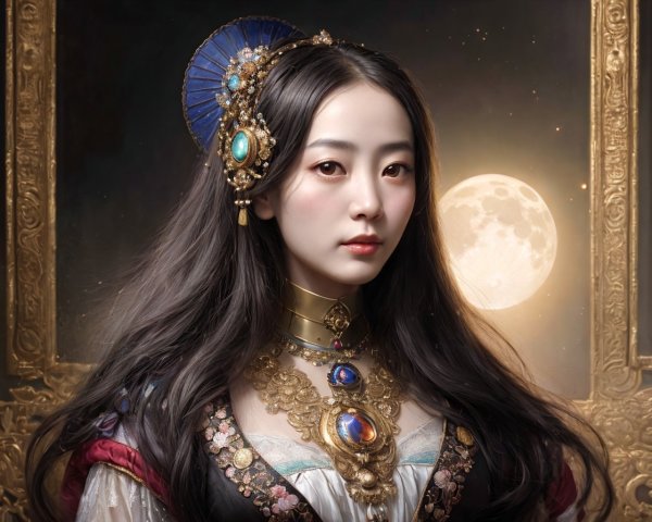 Woman in Jewelry with Moon Backdrop and Golden Frame