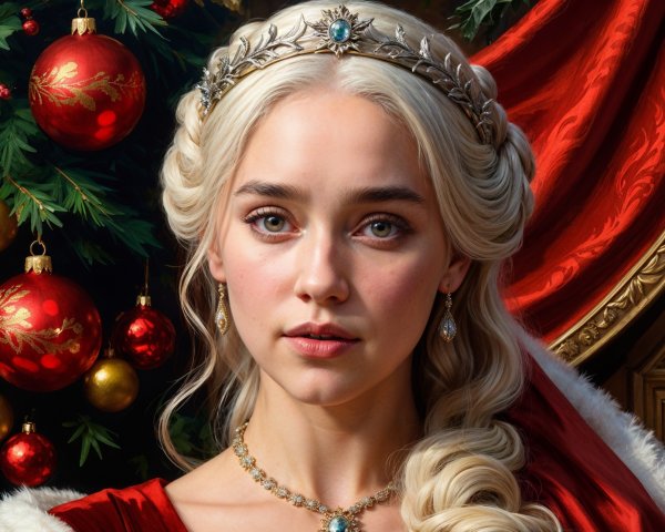 Regal Young Woman in Red Gown with Holiday Decor