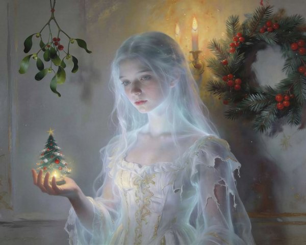 Young woman in white dress with glowing Christmas tree
