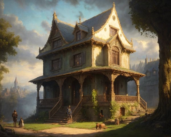 Old house with wooden details in serene landscape