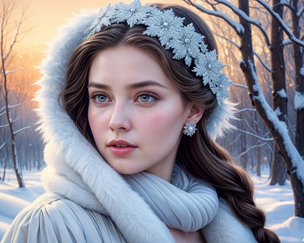 Young woman in serene winter landscape with sunset glow