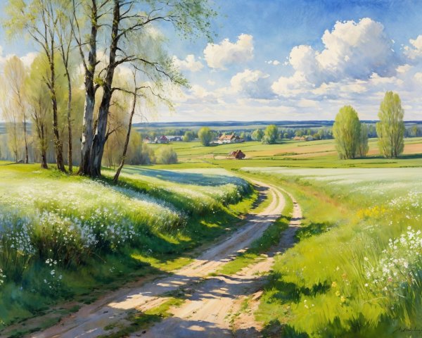 Serene Countryside Scene with Vibrant Wildflower Fields