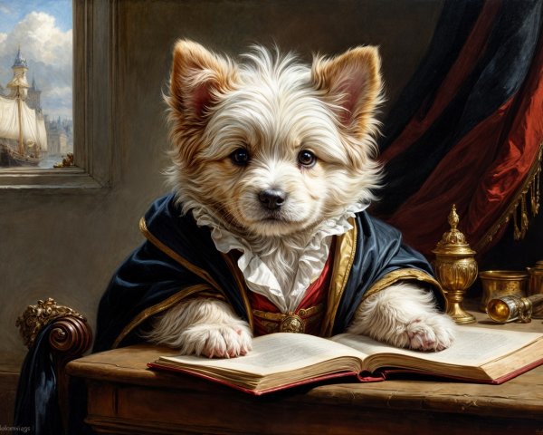 Elegantly Dressed Dog at Wooden Desk with Book