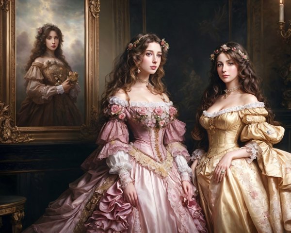 Elegant historical dresses with floral adornments on three women