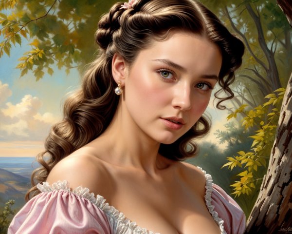 Young Woman in Pink Dress Amidst Serene Landscape