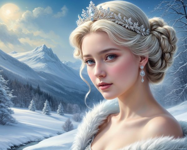 Winter Landscape with Young Woman in Elegant Attire