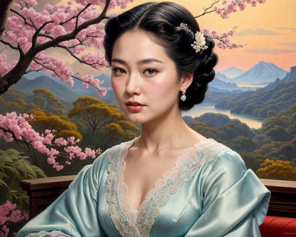 Serene Portrait of a Woman in Teal Gown with Blossoms