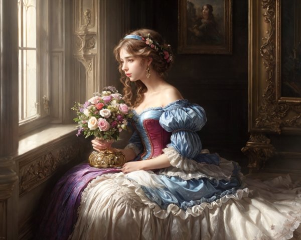 Vintage blue and white dress woman with pink roses bouquet by window in soft light
