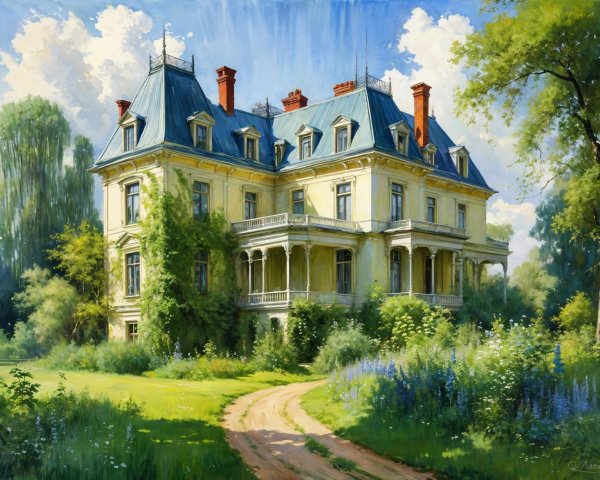Grand Yellow Mansion Surrounded by Lush Garden