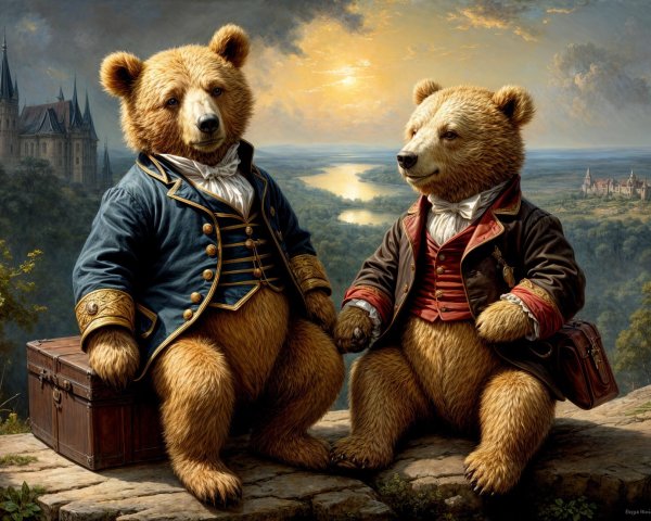Anthropomorphic bears in 18th-century attire on ledge