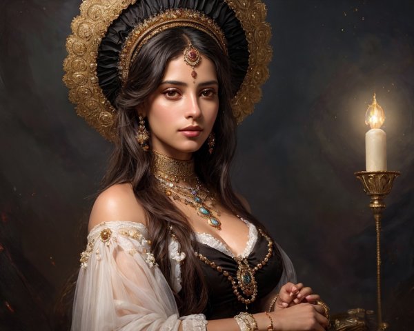 Regal figure in dark gown with gold jewelry and halo