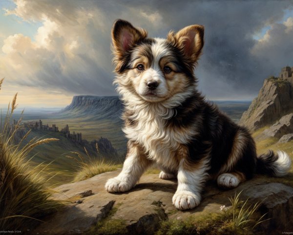 Fluffy Corgi Puppy on Rock with Scenic Landscape