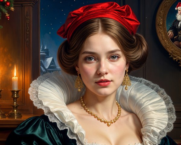 Elegant Woman in Black Dress with Red Ribbon and Jewelry