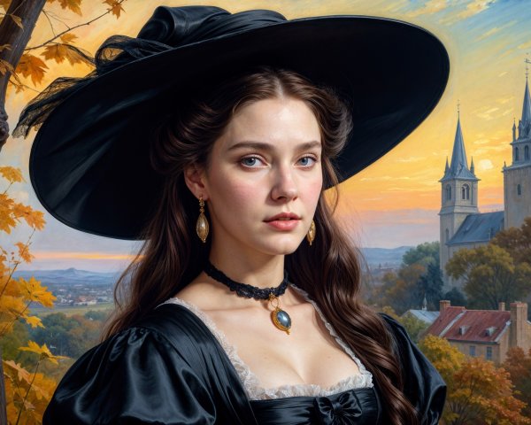 Young Woman in Elegant Dress Against Autumn Landscape