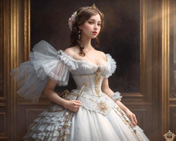 Victorian woman in white and gold dress with floral hairpiece next to classic painting