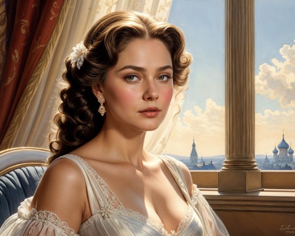 Young Woman in Elegant Gown by Ornate Window