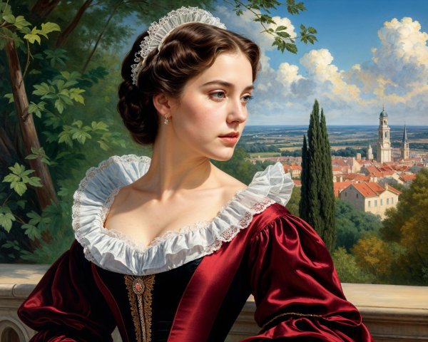 Young Woman in Historical Dress Against Scenic Landscape