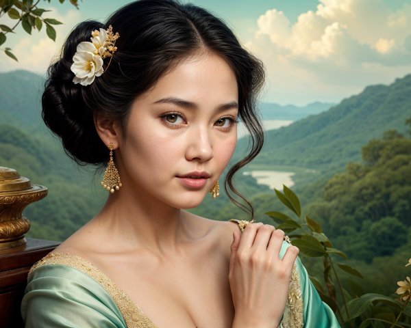 Serene Woman in Traditional Attire Against Green Landscape