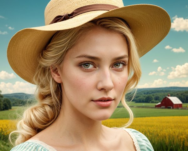 Young woman in field with straw hat and vintage dress