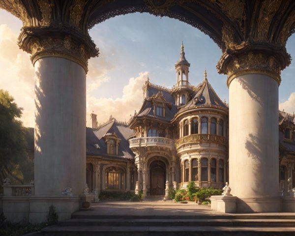 Ornate Victorian mansion with intricate stonework and turrets