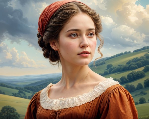Young woman in rust dress against serene landscape