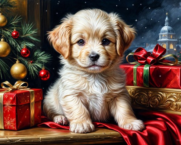 Fluffy Golden Puppy on a Festive Holiday Table