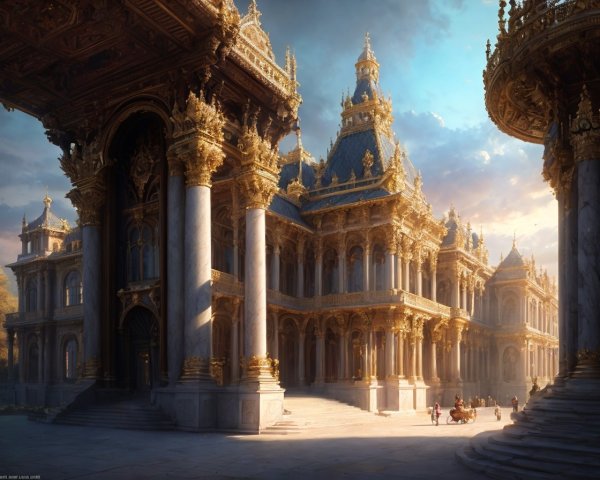 Opulent palace with golden details and towering columns at sunset