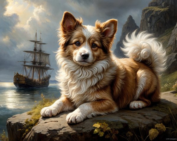 Fluffy Dog on Rocky Outcrop with Sailing Ship