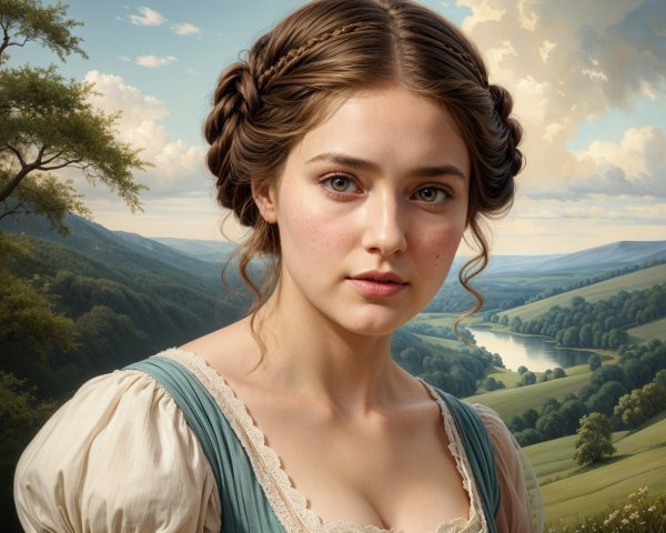 Young woman in vintage dress against serene landscape