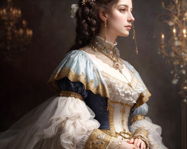 Woman in Luxurious Historical Dress with Jewelry