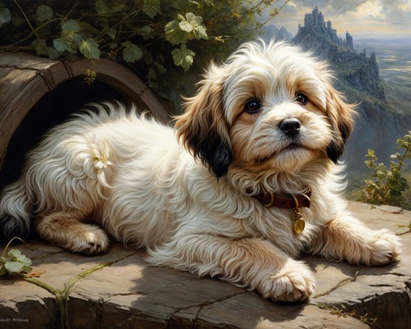 Fluffy Puppy by Rustic Barrel in Serene Landscape