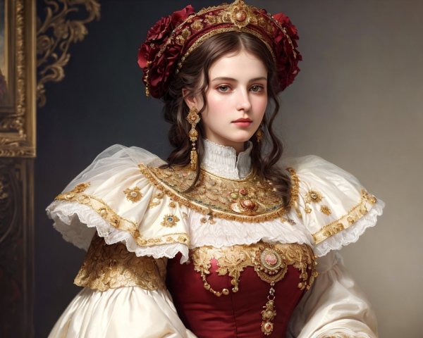 Young woman in ornate historical gown with headdress