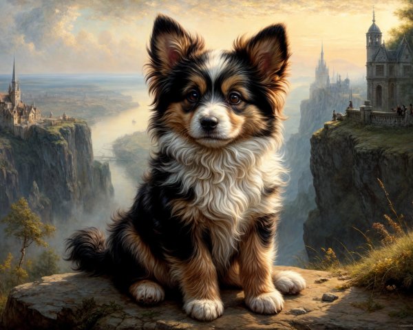 Tri-Colored Dog on Rocky Ledge with Scenic Landscape