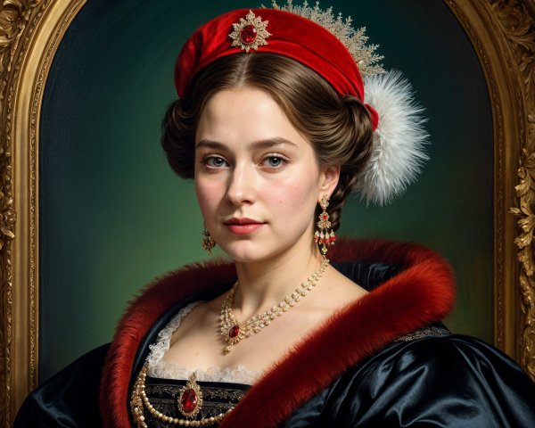 Historical Attire of a Young Woman with Elegant Accessories